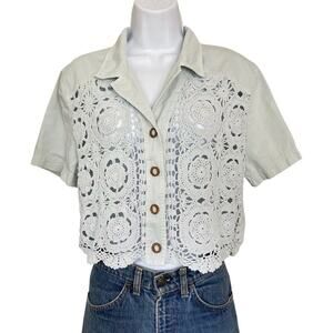Vintage 90s Boho Cottage Cotton Crochet Crop Top Collared Shirt Size S/M